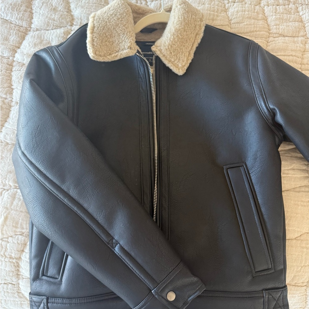 Abercrombie & Fitch Black Bomber Jacket with Cream Shearling Collar